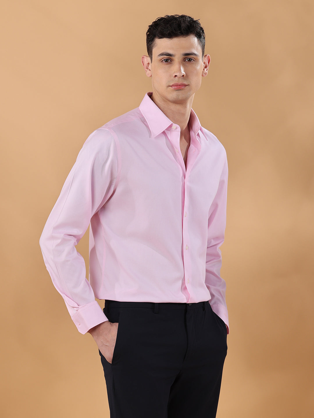 Pink Regular Fit Solid Formal Cotton Non-Iron Shirt for Men (NIDRA)