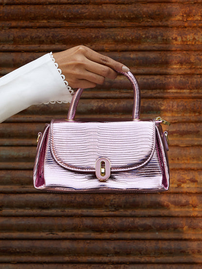 Metallic Flap Handbag - Pink