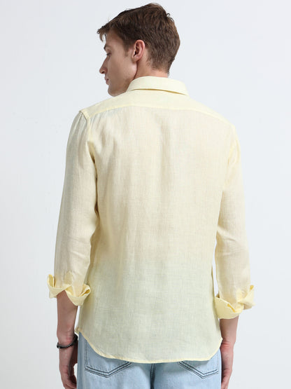Yellow Linen Slim Fit Solid Casual Shirt
