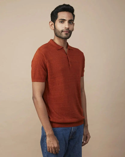 Rust Linen-Blend Flatknit Polo SIC