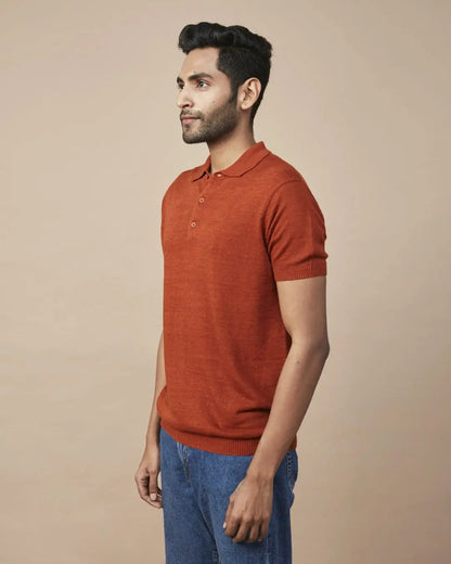 Rust Linen-Blend Flatknit Polo SIC