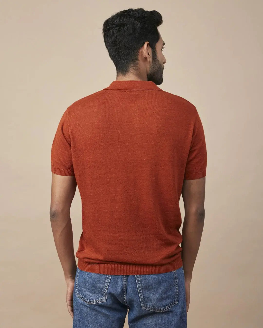Rust Linen-Blend Flatknit Polo SIC