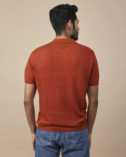 Rust Linen-Blend Flatknit Polo SIC