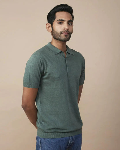 Green Linen-Blend Flatknit Polo SIC