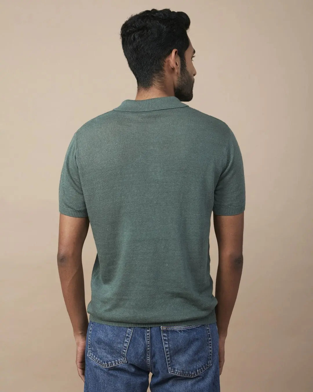 Green Linen-Blend Flatknit Polo SIC