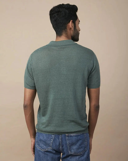 Green Linen-Blend Flatknit Polo SIC