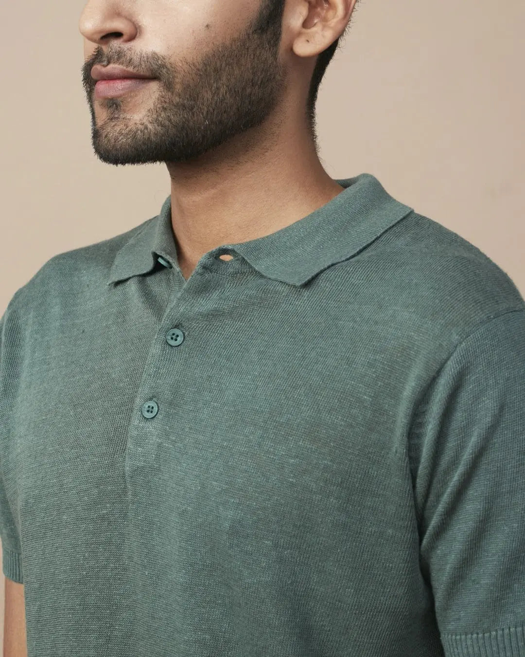 Green Linen-Blend Flatknit Polo SIC