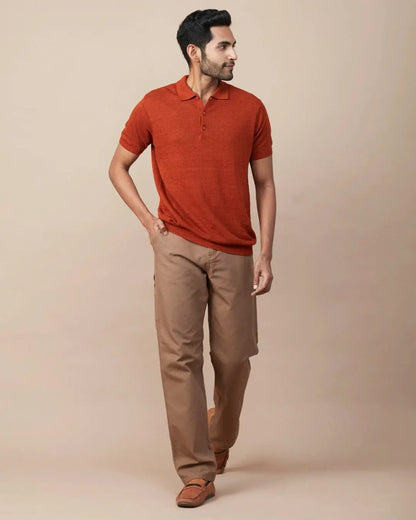Rust Linen-Blend Flatknit Polo SIC