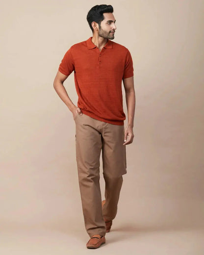 Rust Linen-Blend Flatknit Polo SIC