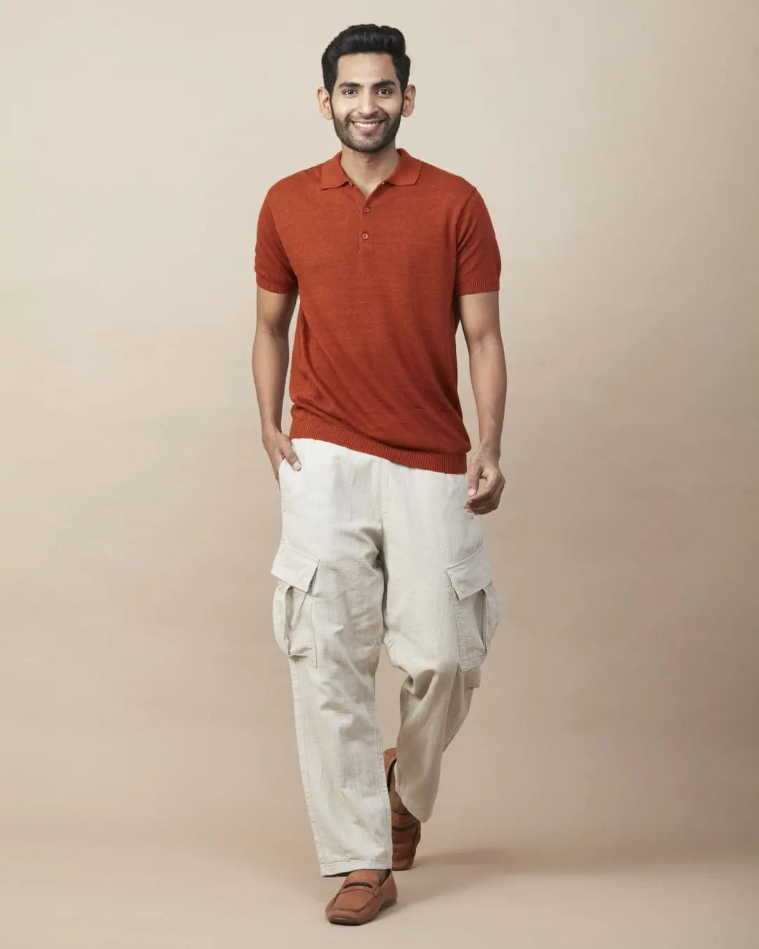 Rust Linen-Blend Flatknit Polo SIC