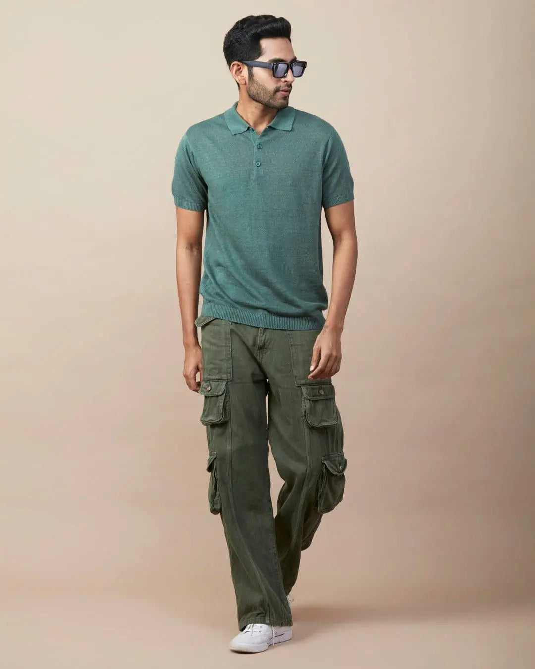 Green Linen-Blend Flatknit Polo SIC