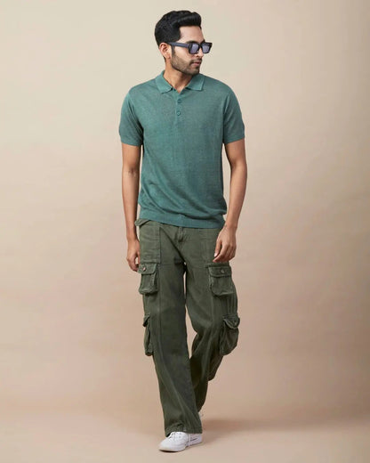 Green Linen-Blend Flatknit Polo SIC
