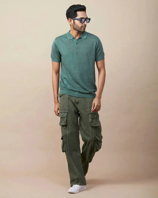 Green Linen-Blend Flatknit Polo SIC
