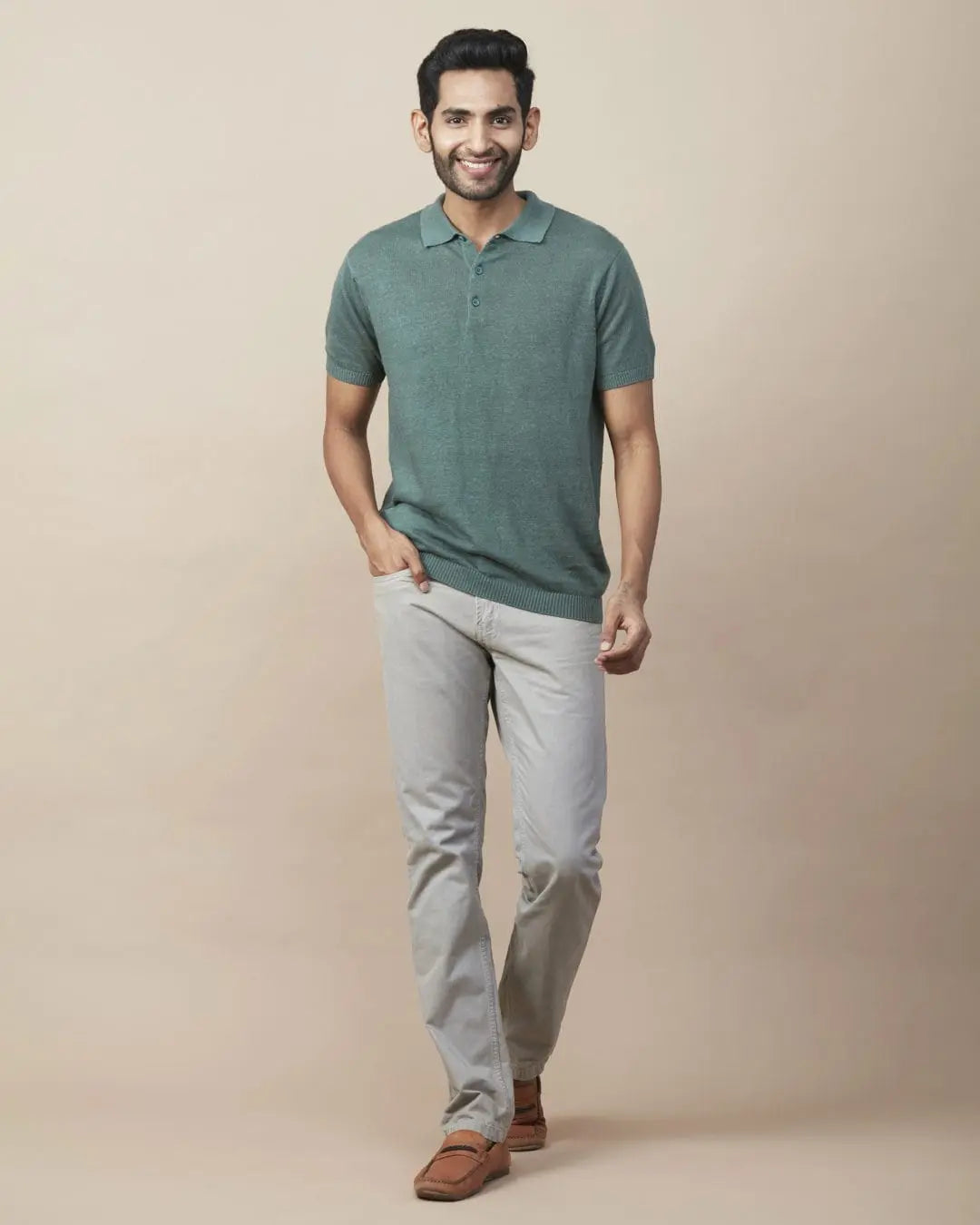 Green Linen-Blend Flatknit Polo SIC