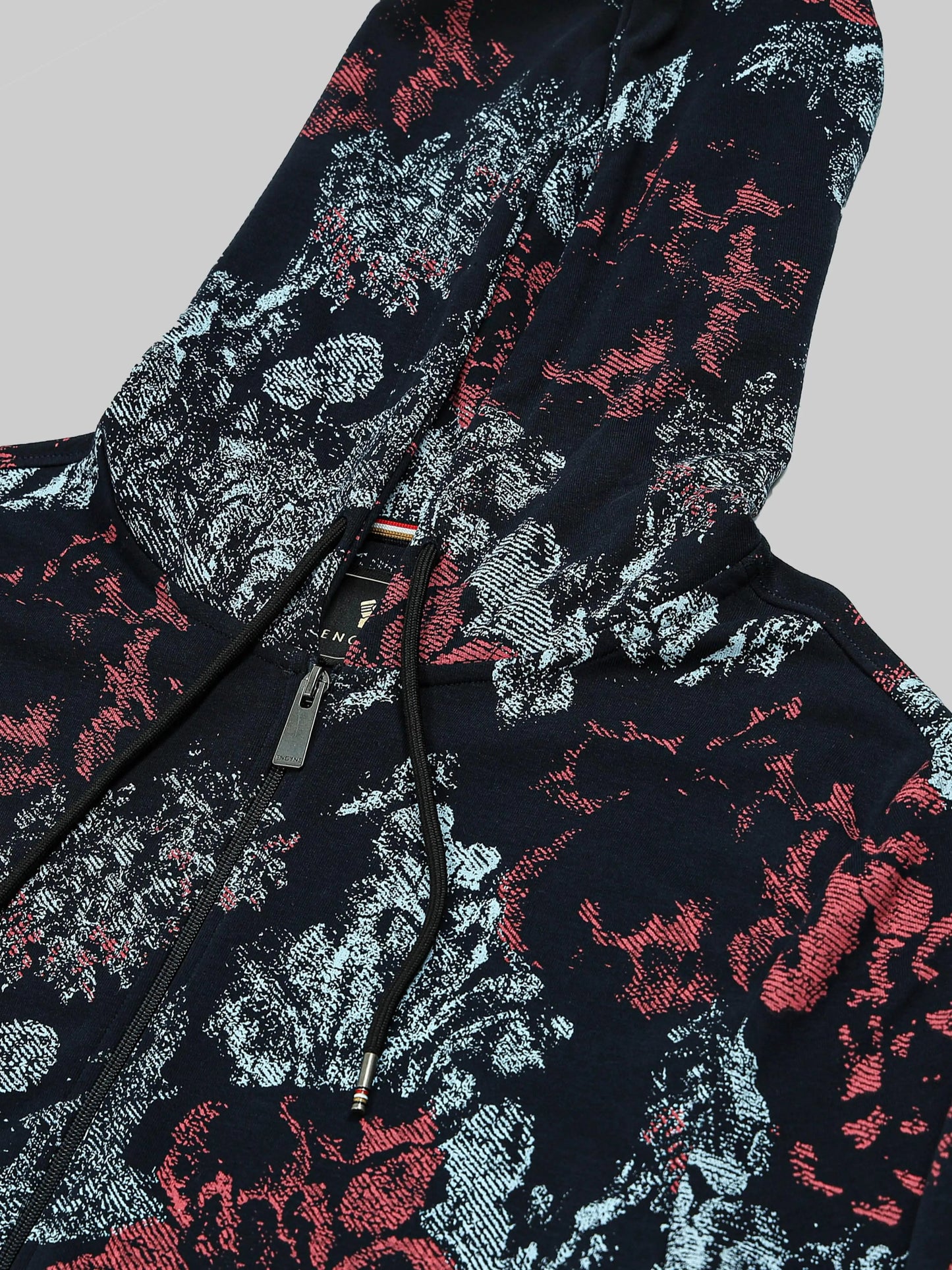 Men's Printed Navy Blue Regular Hooded Zipper Engyne
