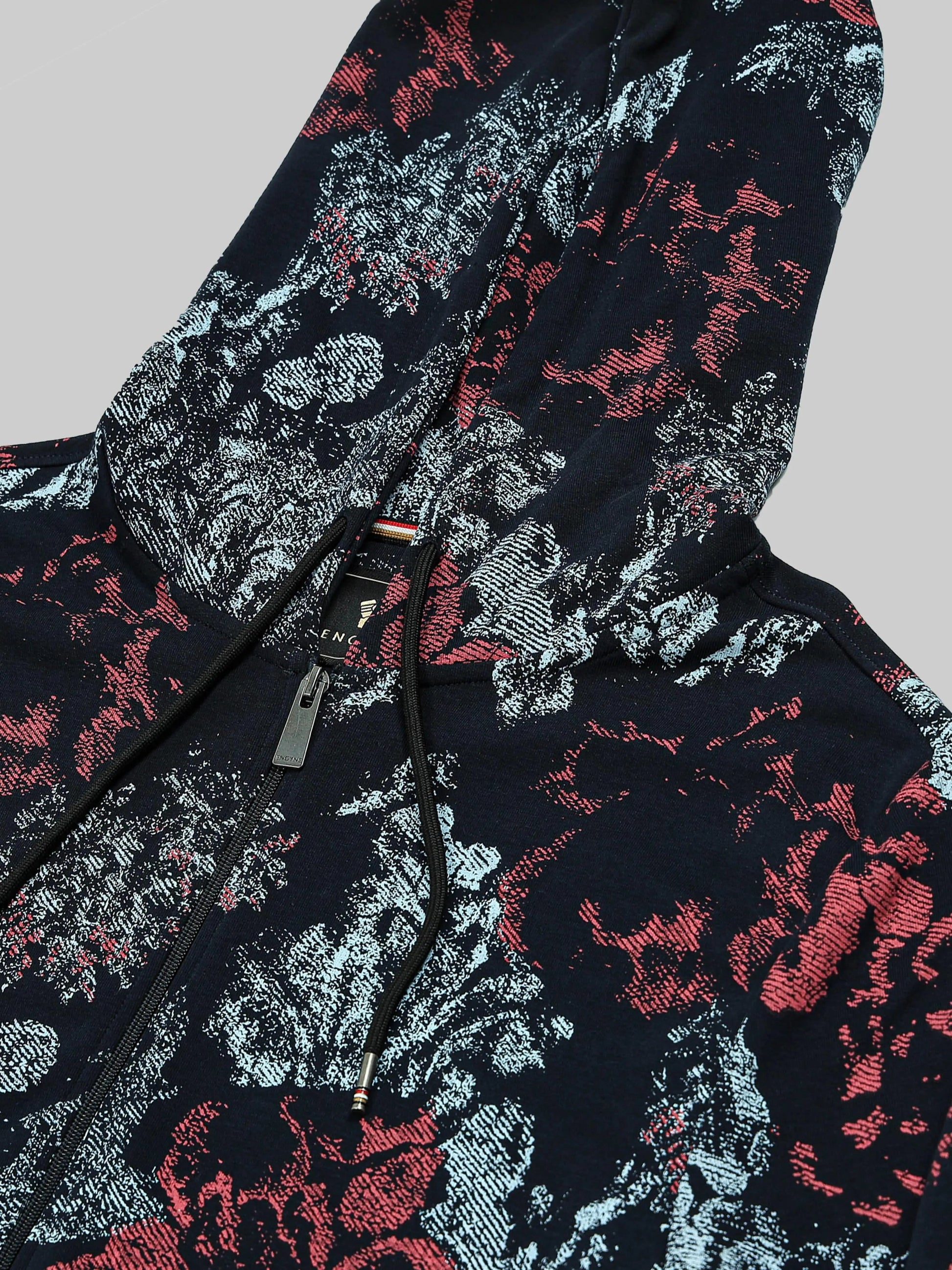 Men's Printed Navy Blue Regular Hooded Zipper Engyne