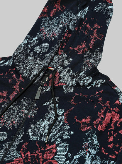 Men's Printed Navy Blue Regular Hooded Zipper Engyne