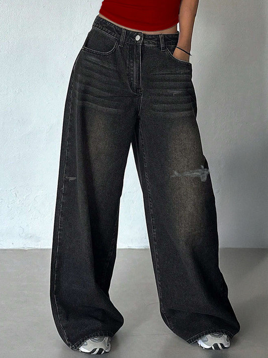 Rustic Black Tinted Ripped Wide Leg Jeans