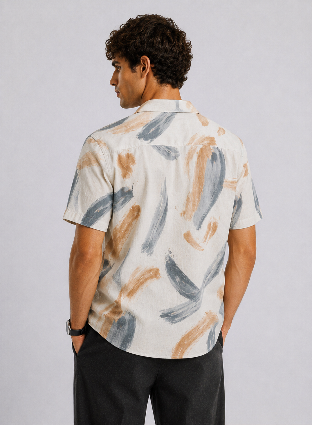 Adro Sand Drift Relaxed Fit Cuban Collar Cotton Linen Abstract Print Shirt for Men