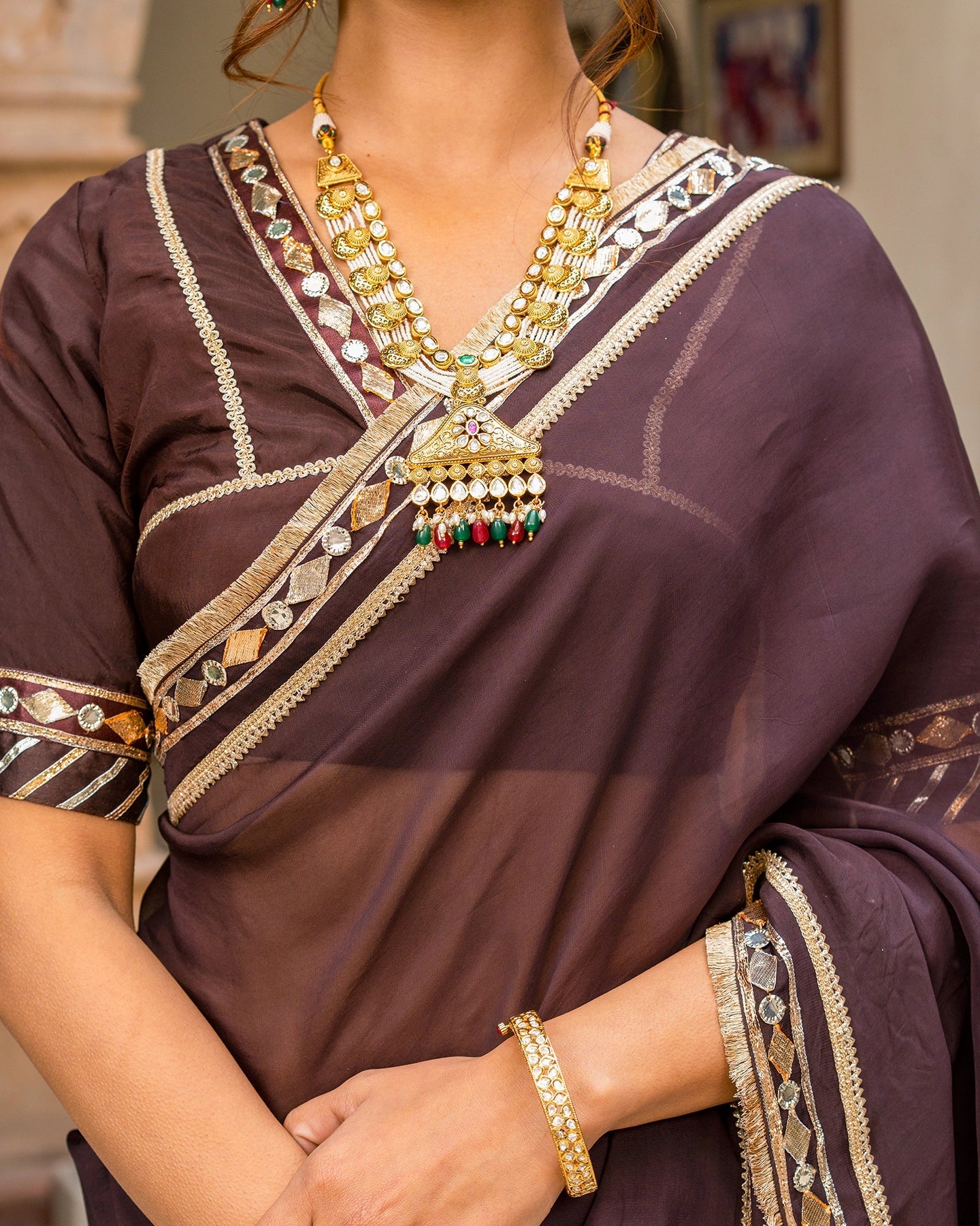 Brown Tamba Work Saree