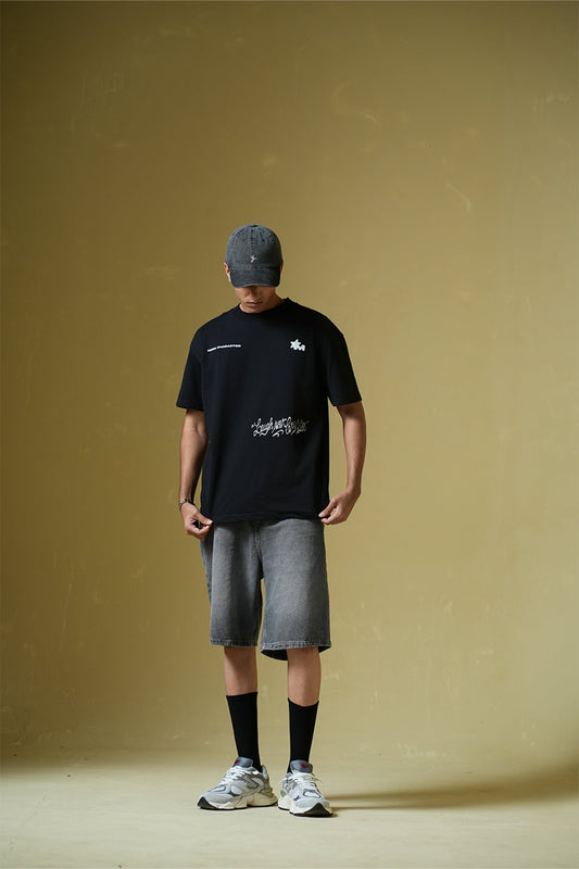 Laugh Now Printed Black Oversized T-Shirt Main Character