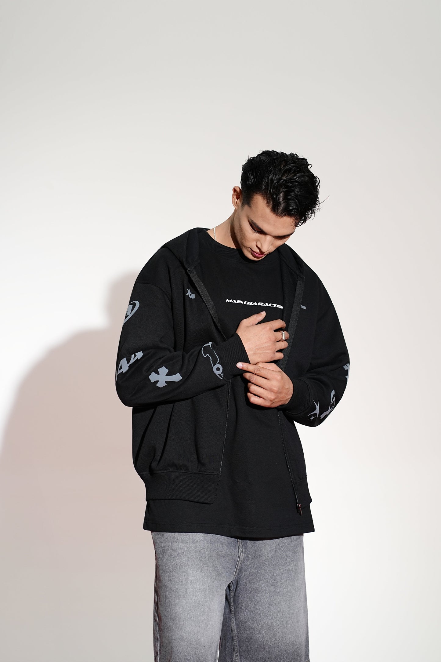 Imperial Printed Black Oversized Zipper Hoodie Main Character