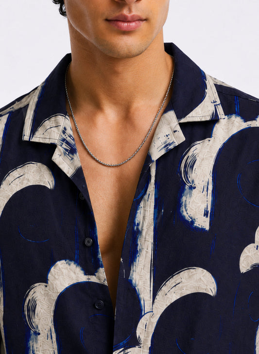 Adro Midnight Arc Relaxed Fit Cuban Collar Cotton Nylon Printed Shirt