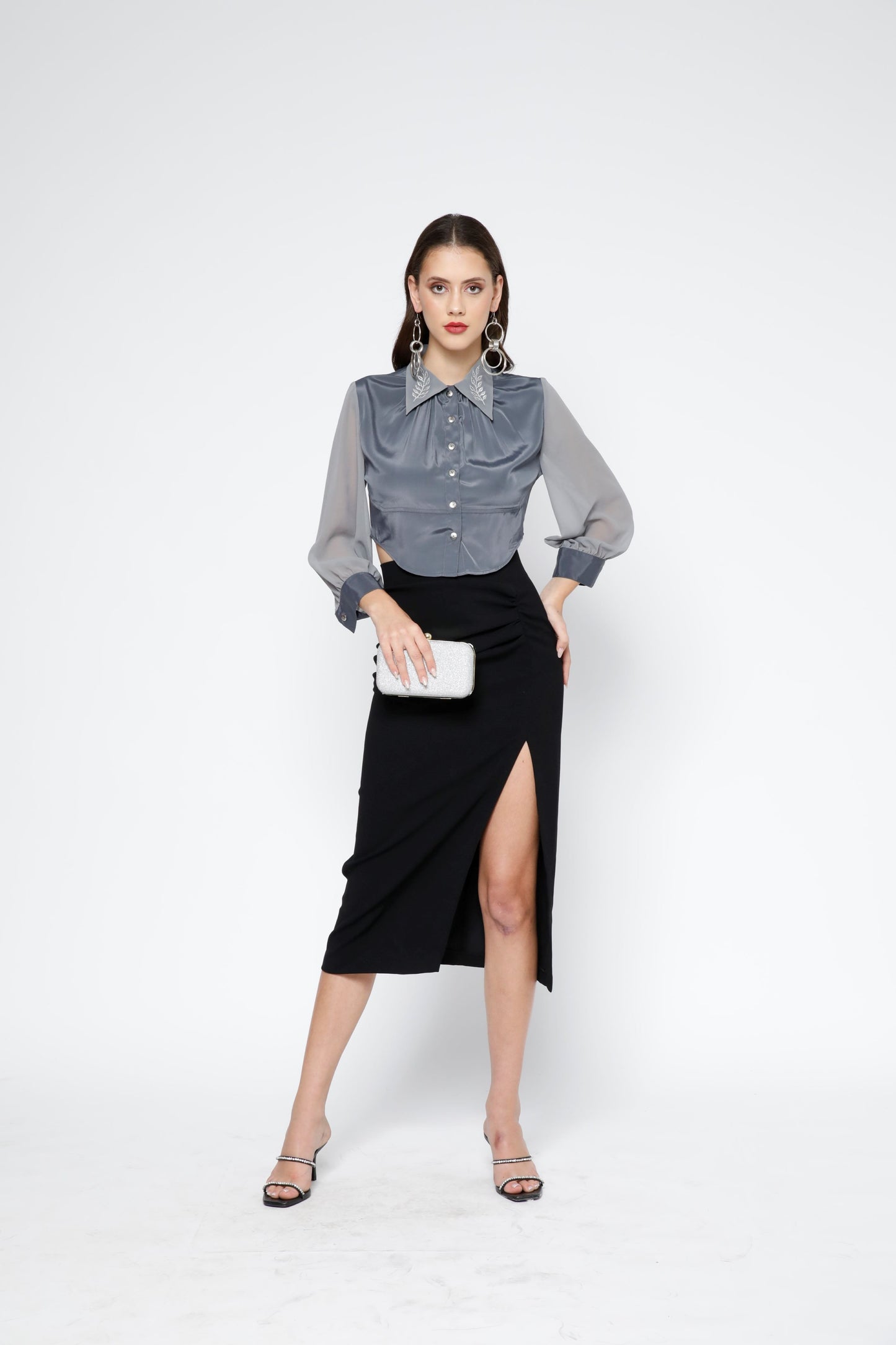 Leaf Embroidered Crop Shirt