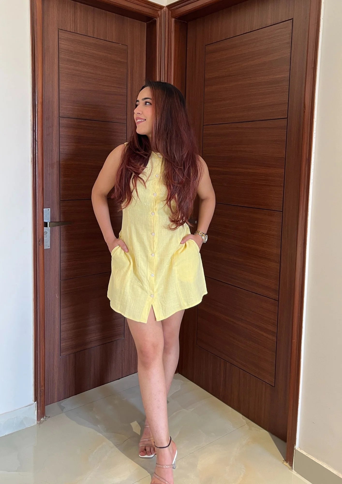 Waist Cinching Mini Linen Dress