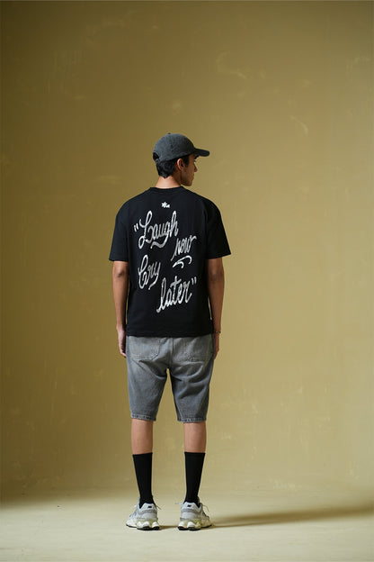 Laugh Now Printed Black Oversized T-Shirt Main Character