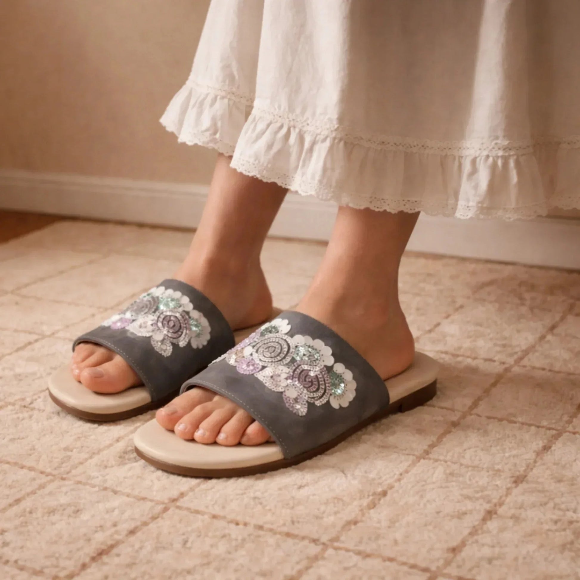 The Fleur Dusk Floral Grey Embellished Flats Rettrose
