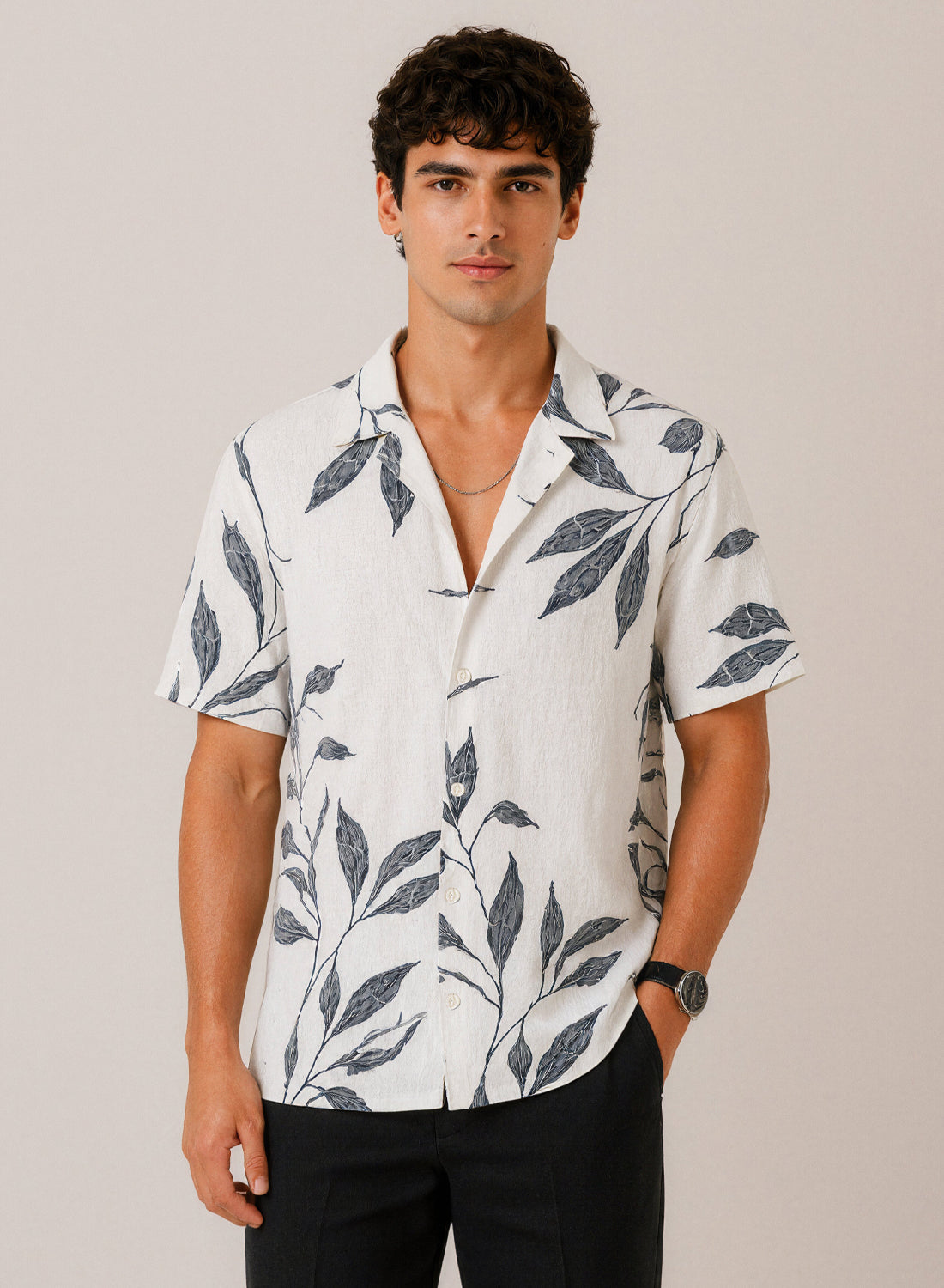 Adro Men’s Relaxed Fit Cuban Collar Cotton Linen Silver Fern Printed Shirt – White Grey White Grey