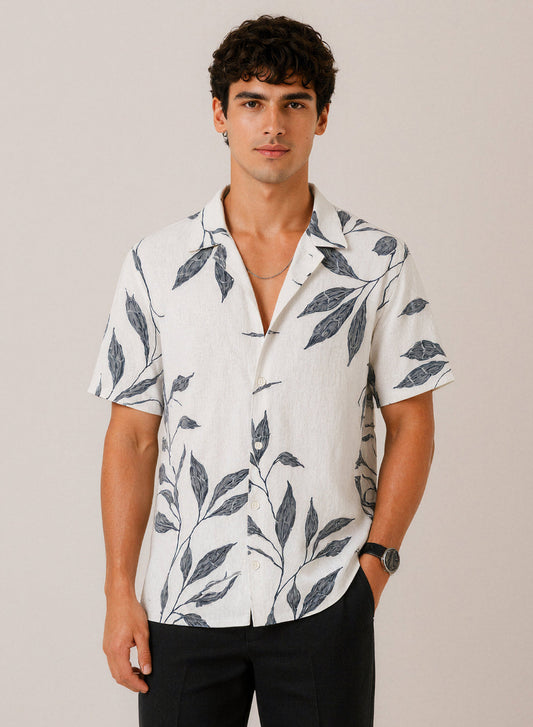 Adro Men’s Relaxed Fit Cuban Collar Cotton Linen Silver Fern Printed Shirt – White Grey White Grey