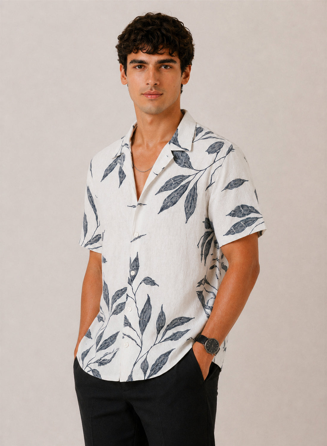 Adro Men’s Relaxed Fit Cuban Collar Cotton Linen Silver Fern Printed Shirt – White Grey