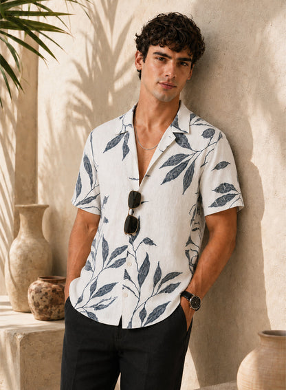 Adro Men’s Relaxed Fit Cuban Collar Cotton Linen Silver Fern Printed Shirt – White Grey