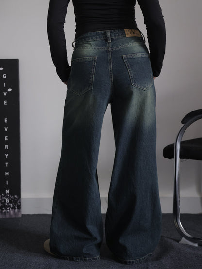 Retro Street Blue Tinted Wide Leg Jeans