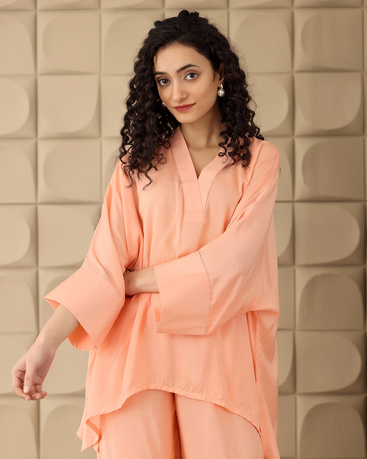 V-neck Peach Chanderi Co-ord Set