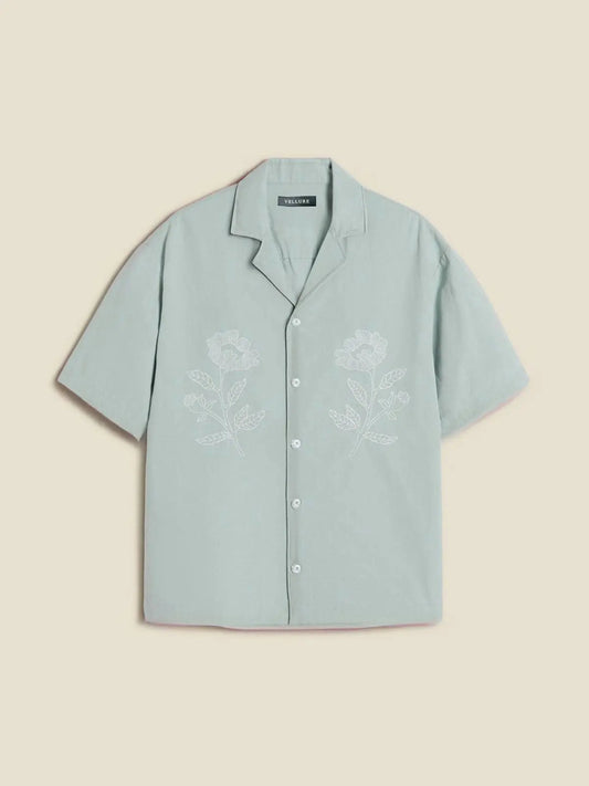 Men's Box-Fit Embroidered Linen Baby Blue Shirt Vellure