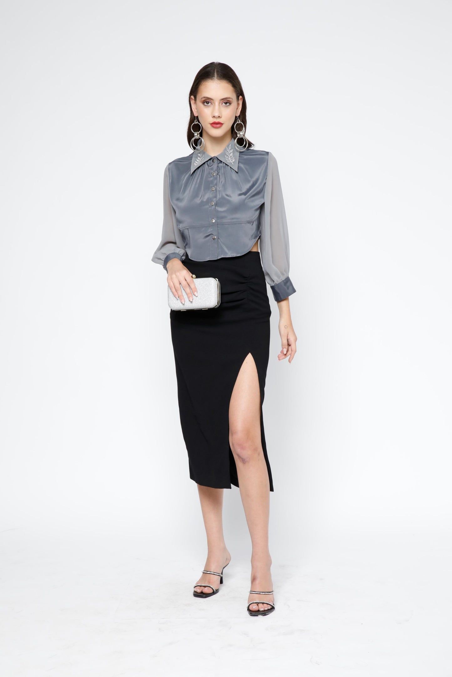 Leaf Embroidered Crop Shirt