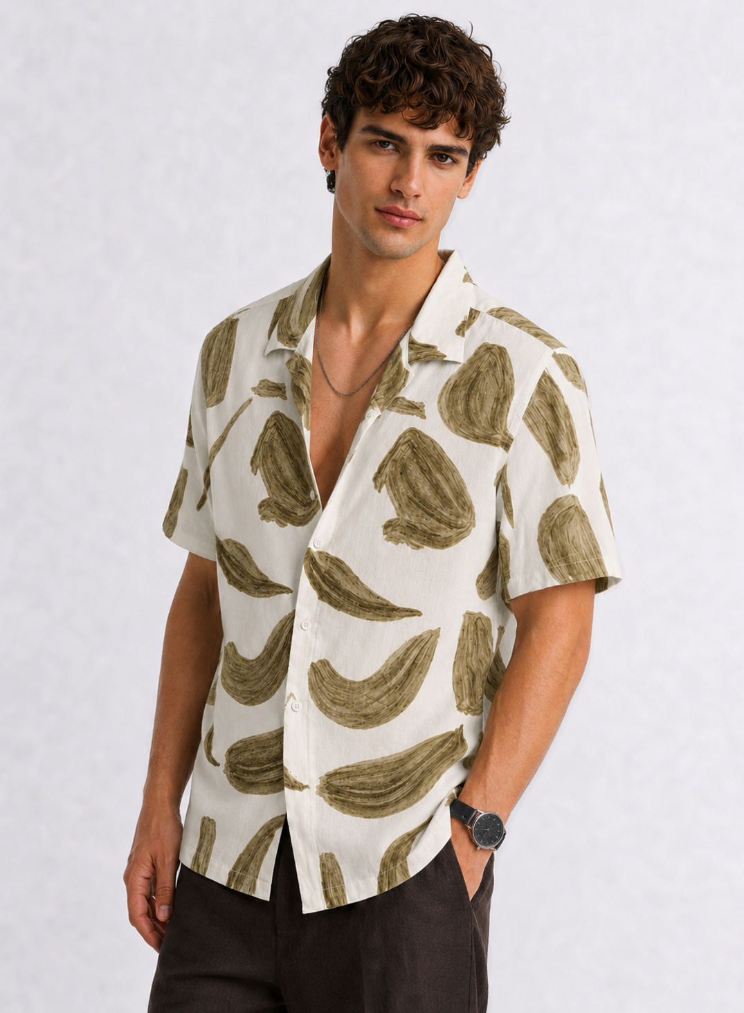Adro Men’s Relaxed Fit Cuban Collar Cotton Linen Olive Stroke Printed Shirt – Off White Olive White Olive