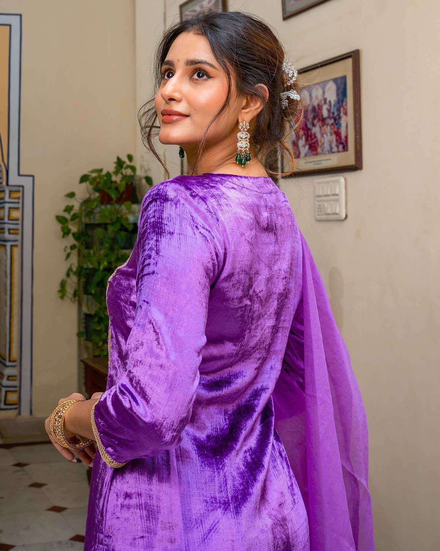 Purple Gota Velvet Suit Set