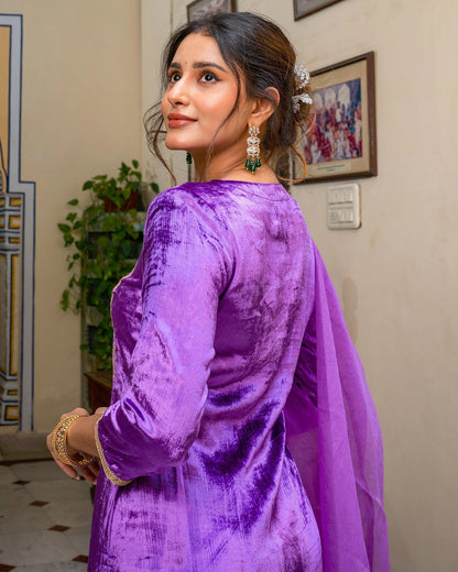 Purple Gota Velvet Suit Set