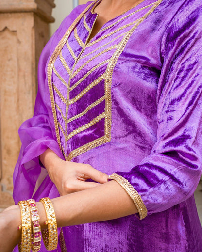 Purple Gota Velvet Suit Set