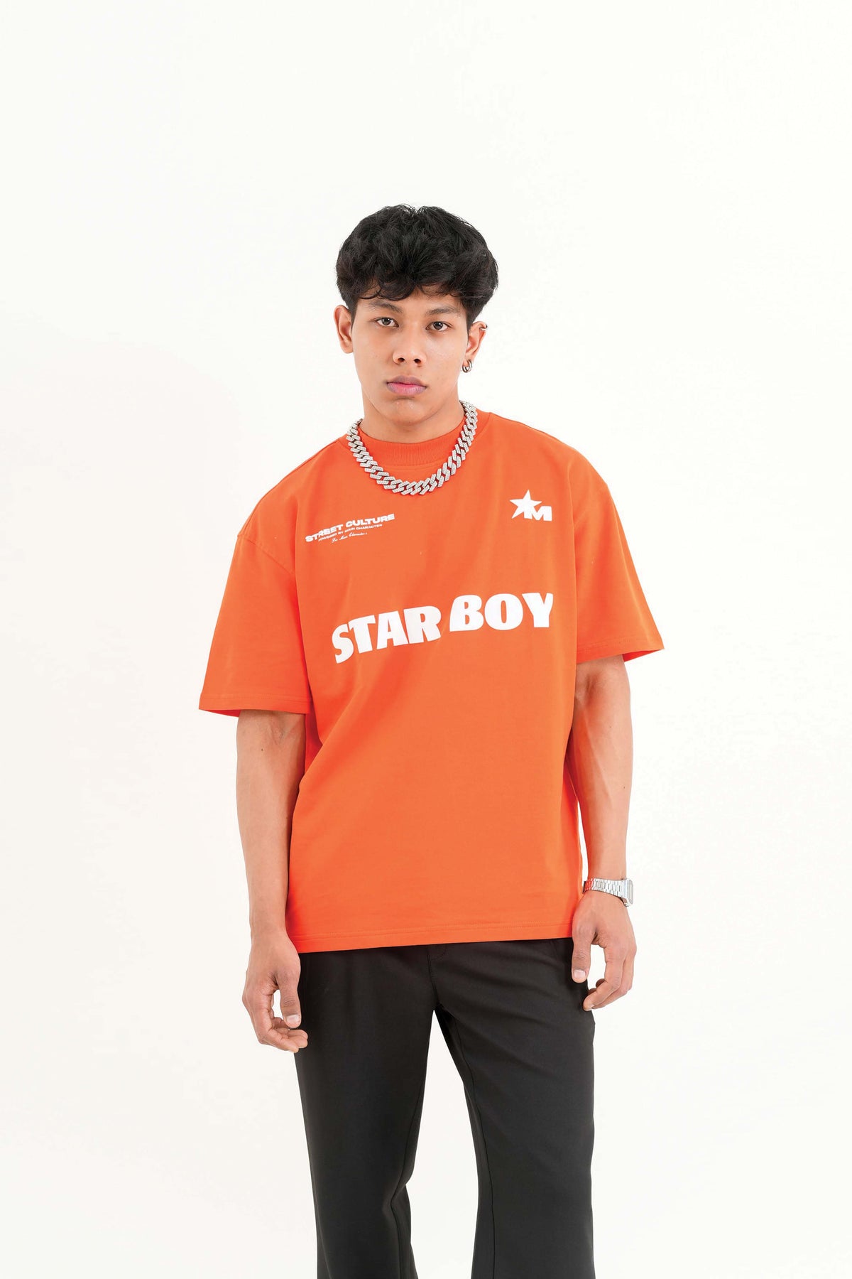Star Boy Printed Orange Oversized T-Shirt Main Character