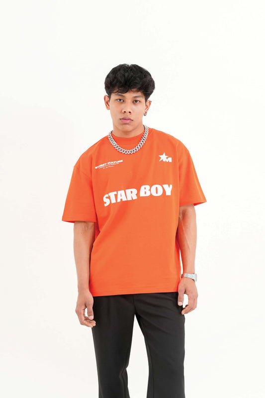 Star Boy Printed Orange Oversized T-Shirt Main Character