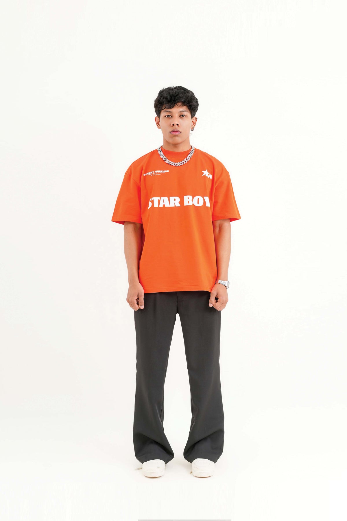 Star Boy Printed Orange Oversized T-Shirt Main Character
