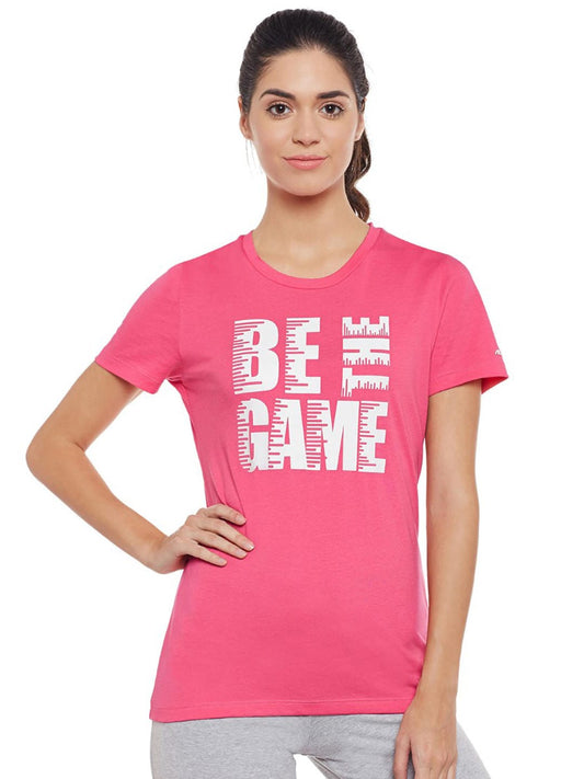 Alcis Women Pink Printed Slim Fit Round Neck T-shirt 128WTP179-S