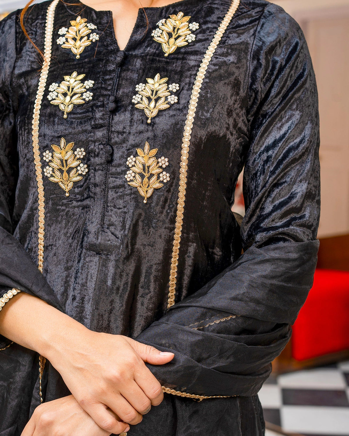 Ebony Embroidered Velvet Suit Set