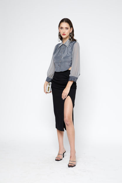 Leaf Embroidered Crop Shirt