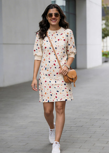 Embroidered Terrazzo iCotton Pouf Sleeve Dress